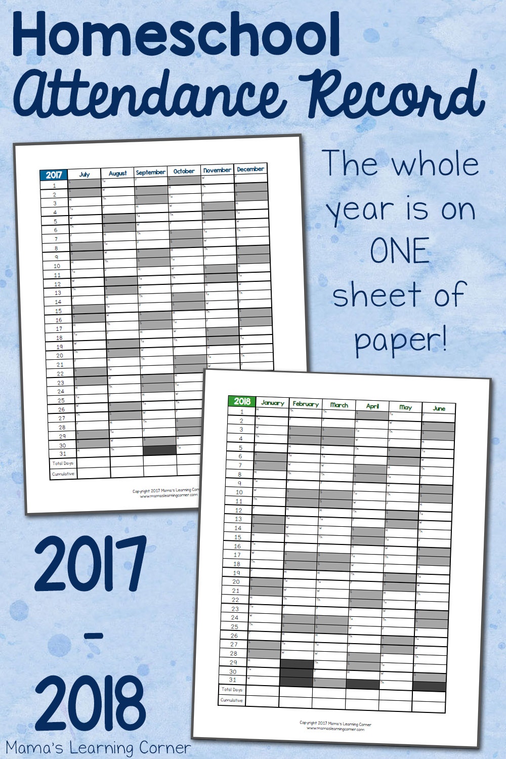 Simple Homeschool Attendance Record 2017-2018 - Mamas Learning Corner - Free Printable Attendance Sheets For Homeschool