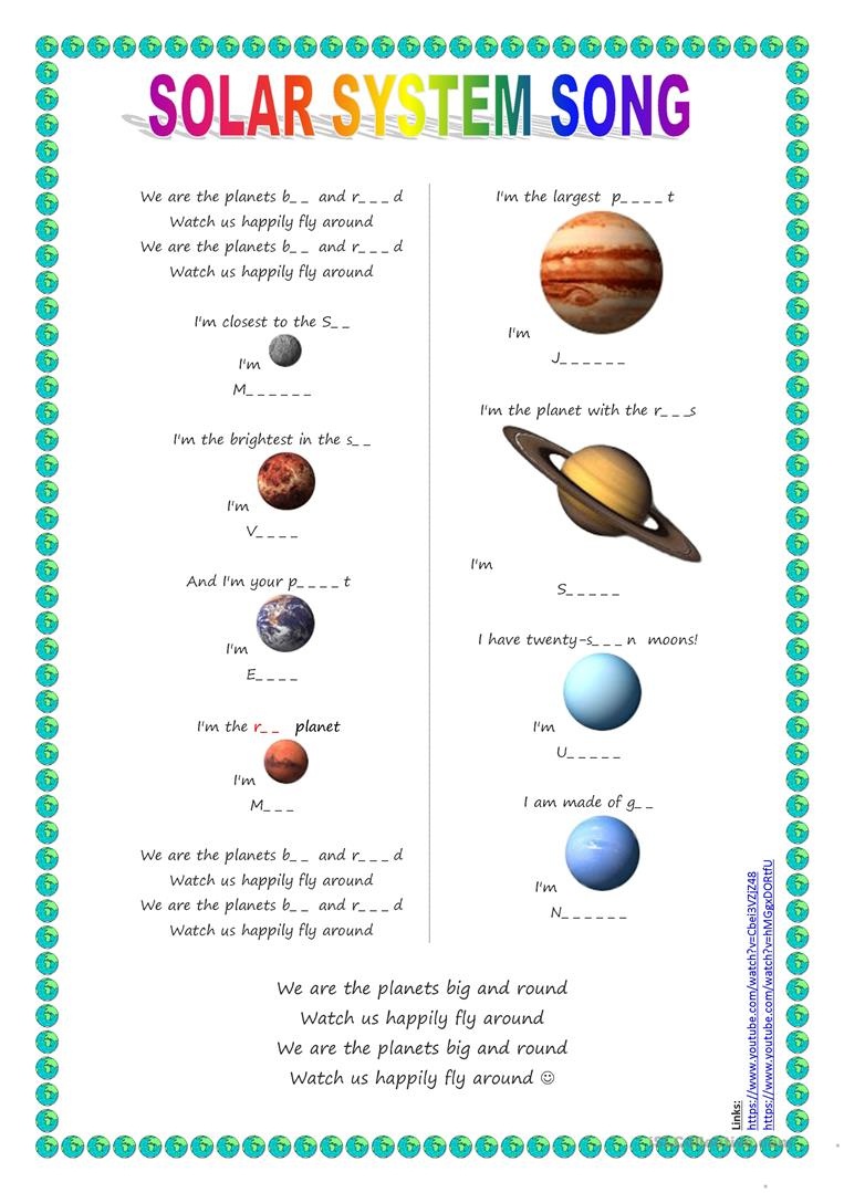 Song For Kids: Planets / Solar System Song Worksheet - Free Esl - Free Printable Solar System Worksheets