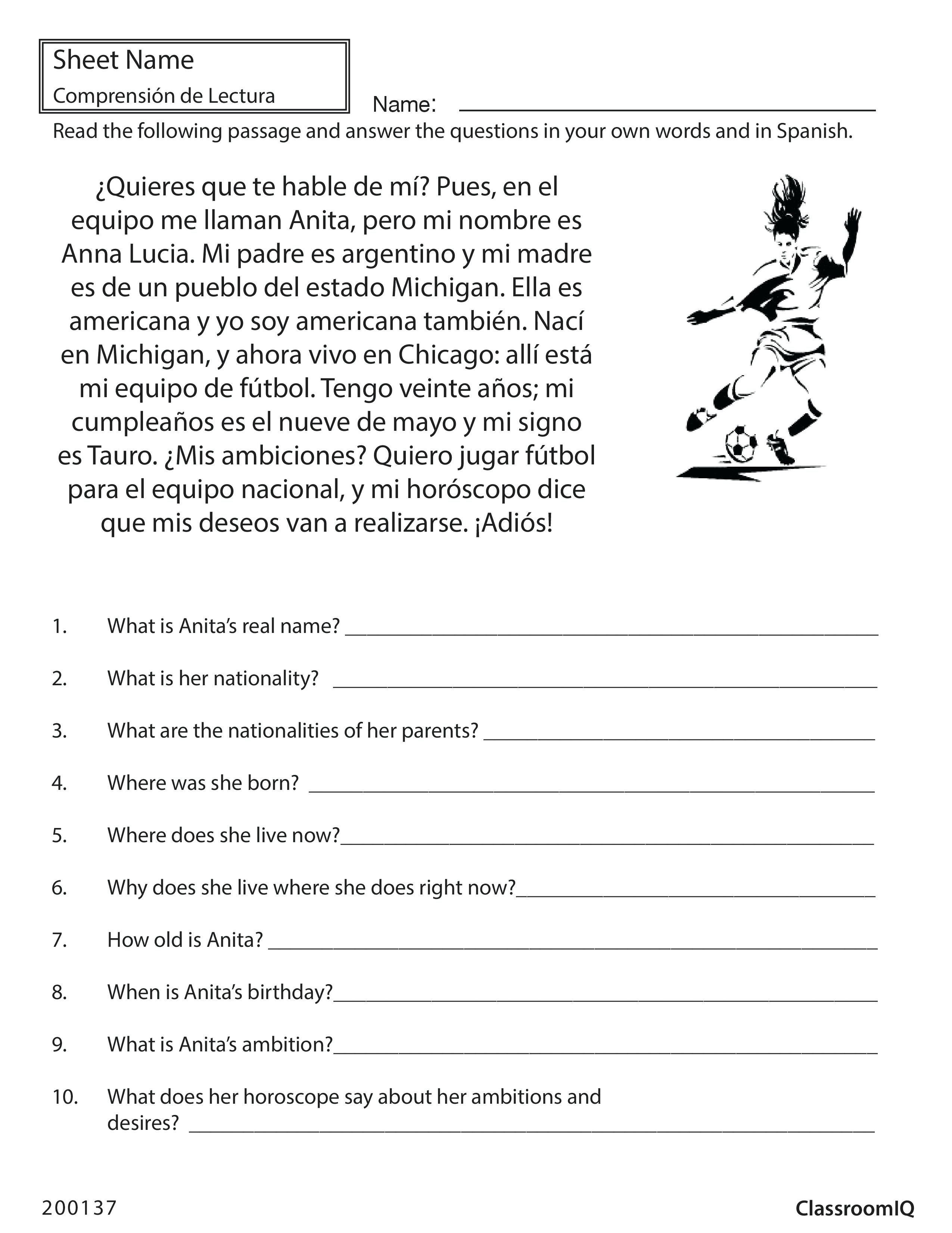 Reading Comprehension Worksheet Free Kindergarten English Free Printable Spanish Reading 