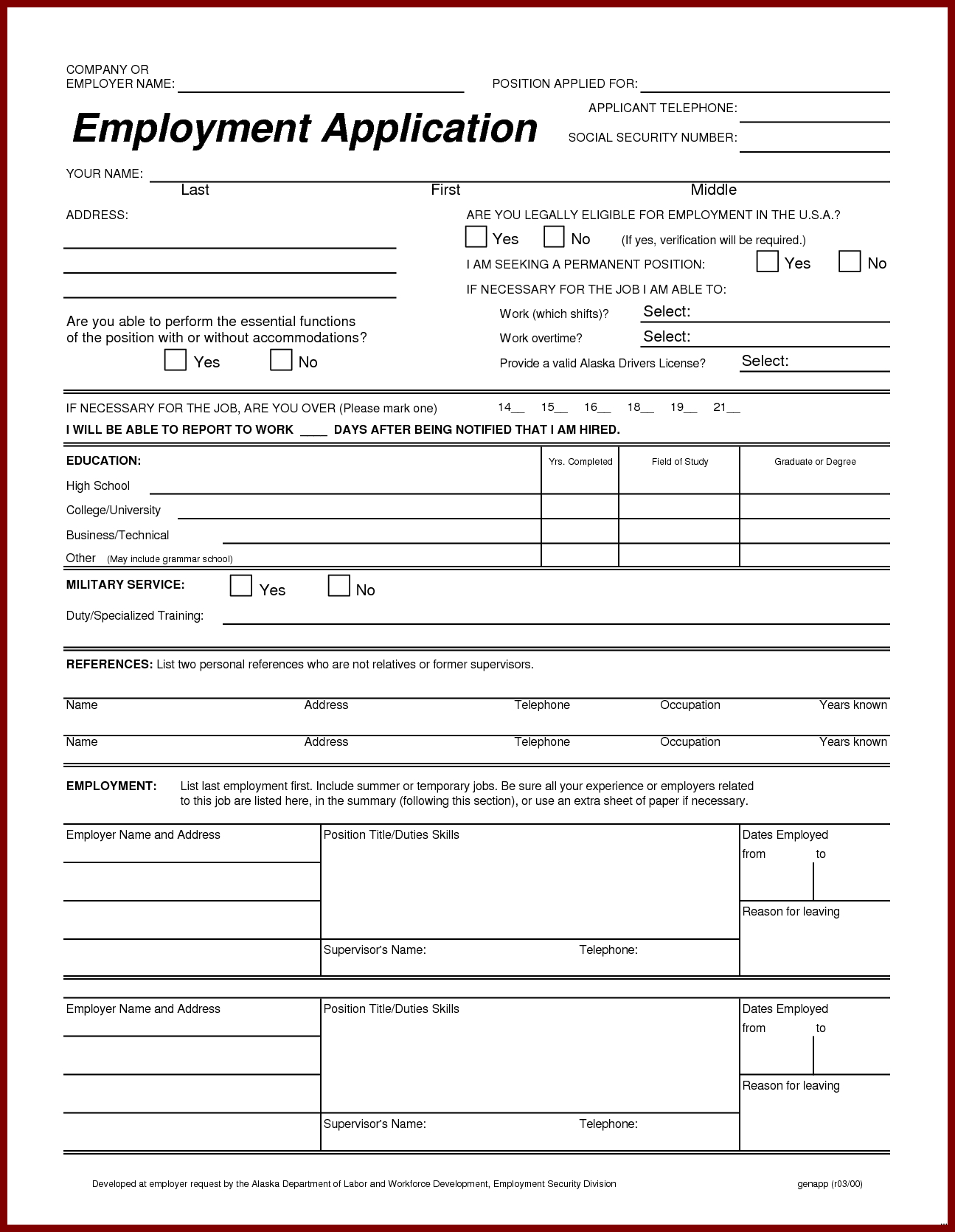 Standard Job Application Form Expert Capture Printable | Employment - Free Printable Employment Application