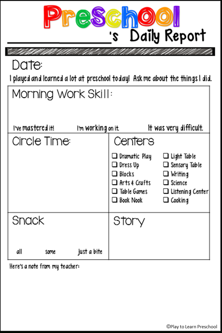 Printable Preschool Preschool Daily Report