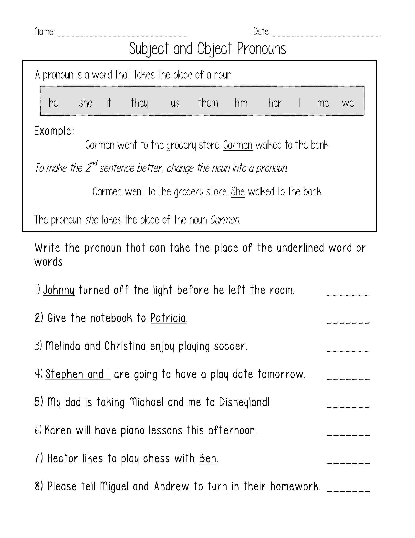 Pronouns Grade 2 Worksheets