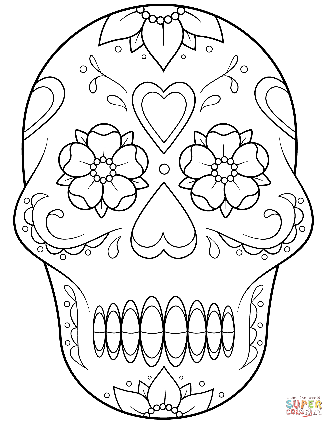 Sugar Skull With Flowers And Hearts Coloring Page | Free Printable - Free Printable Sugar Skull Coloring Pages
