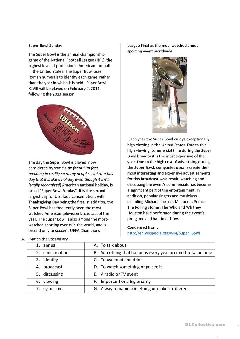 Super Bowl Sunday Worksheet - Free Esl Printable Worksheets Made - Wilson Reading Free Printables