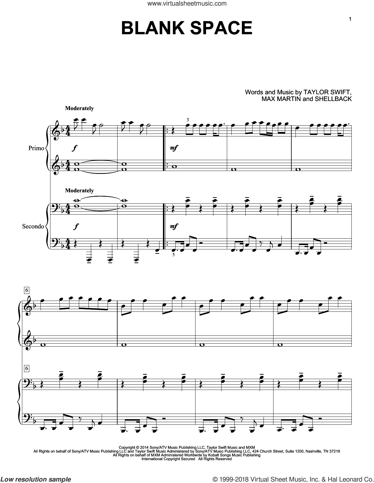 Swift - Blank Space Sheet Music For Piano Four Hands [Pdf] - Taylor Swift Mine Piano Sheet Music Free Printable