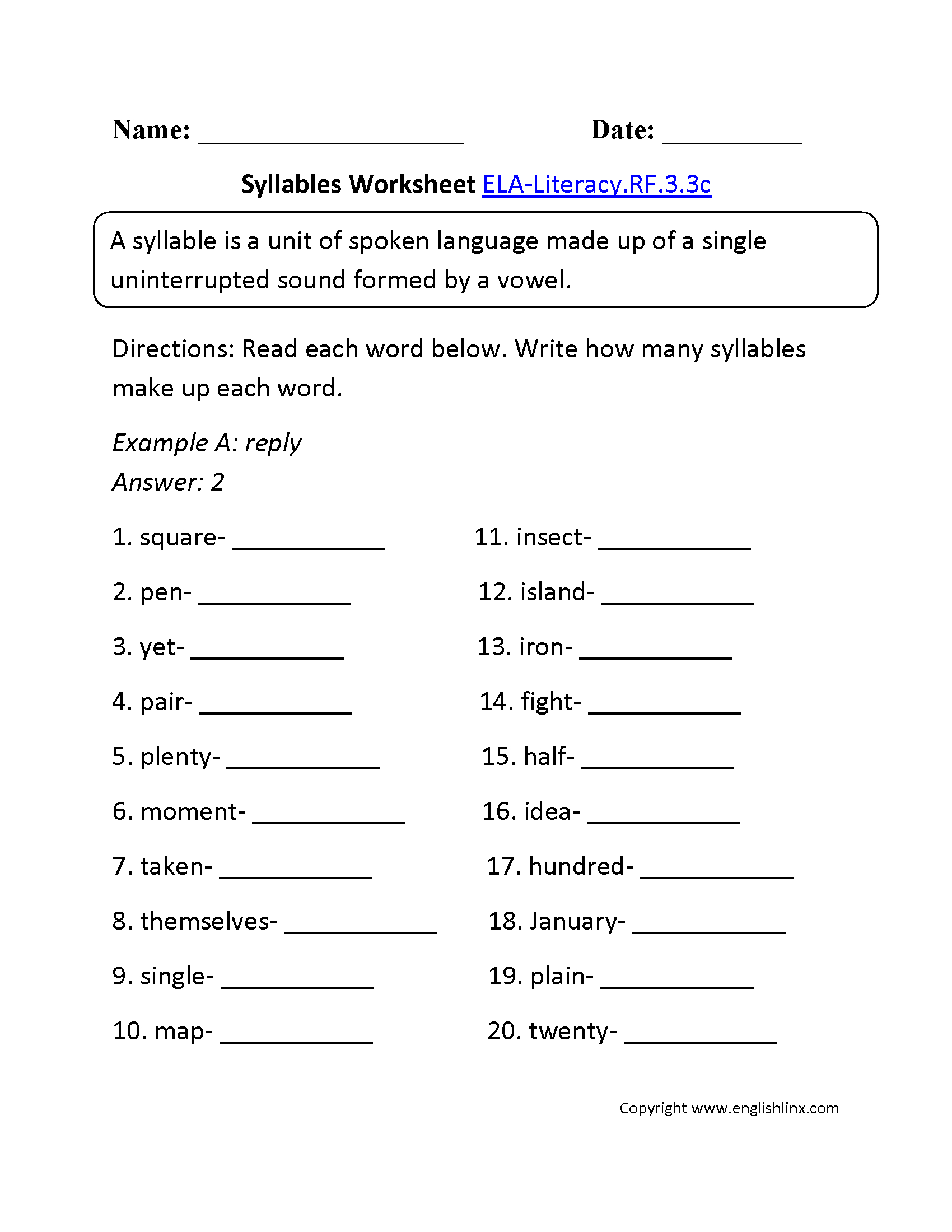 Syllables Worksheet 1 Ela-Literacy.rf.3.3C Reading Foundational - Free Printable Common Core Math Worksheets For Third Grade