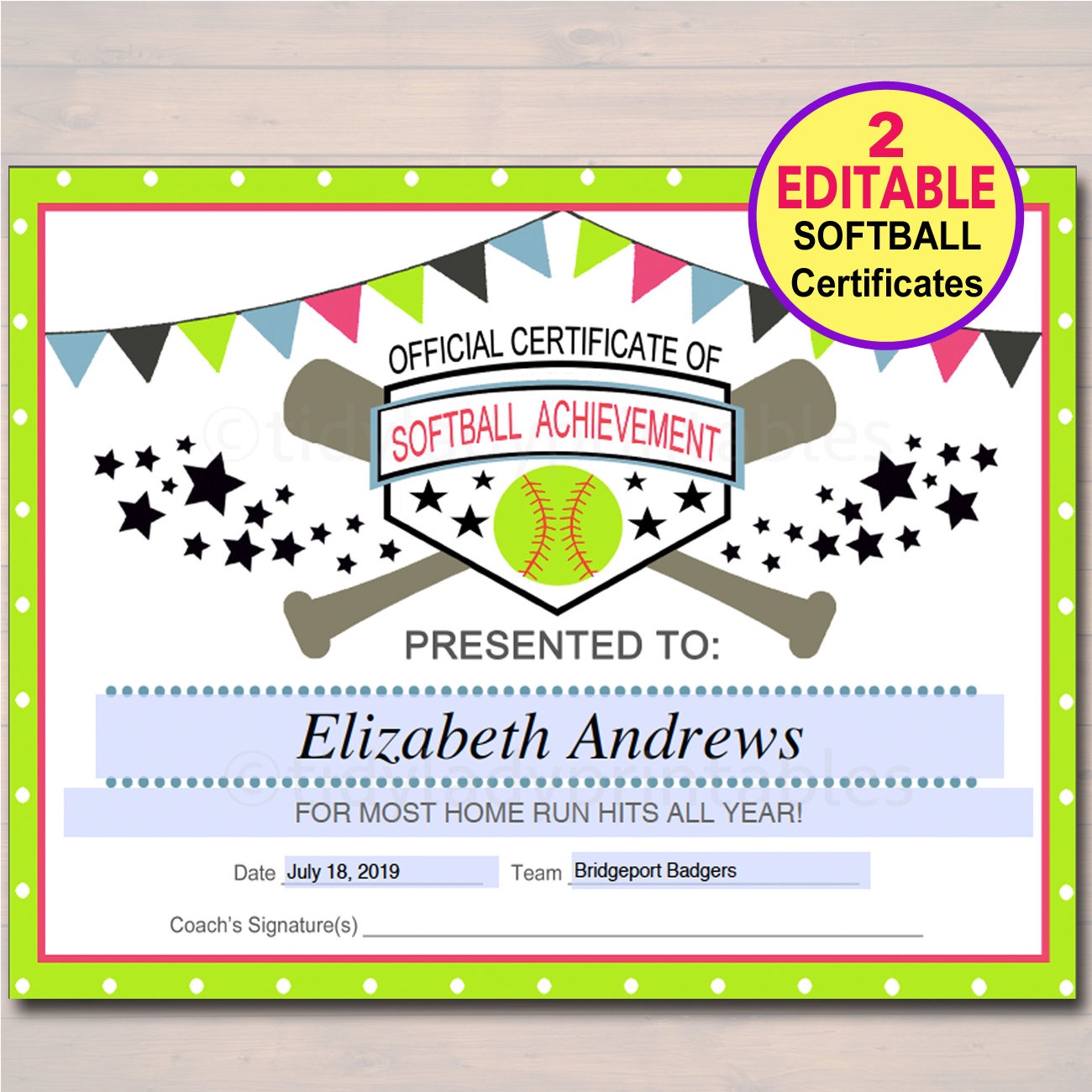 Editable Pdf Sports Team Softball Certificate Diy Award Etsy Free