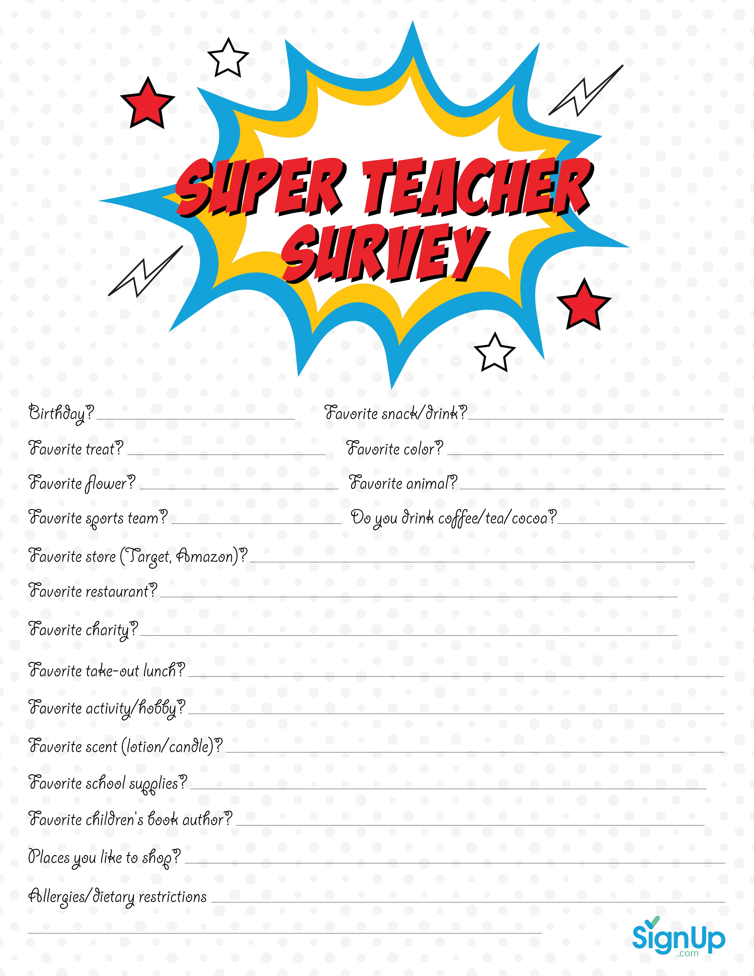 Teacher Survey: Free Downloadable Room Parent Resource | Signup - Make A Printable Survey Free
