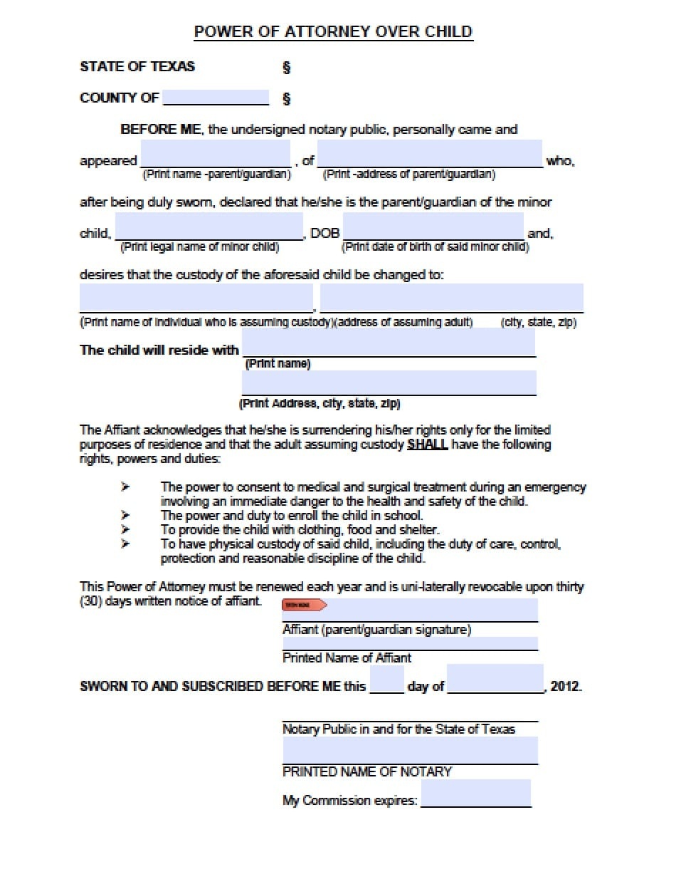 Texas Minor Child Power Of Attorney Form - Power Of Attorney : Power - Free Printable Guardianship Forms Texas