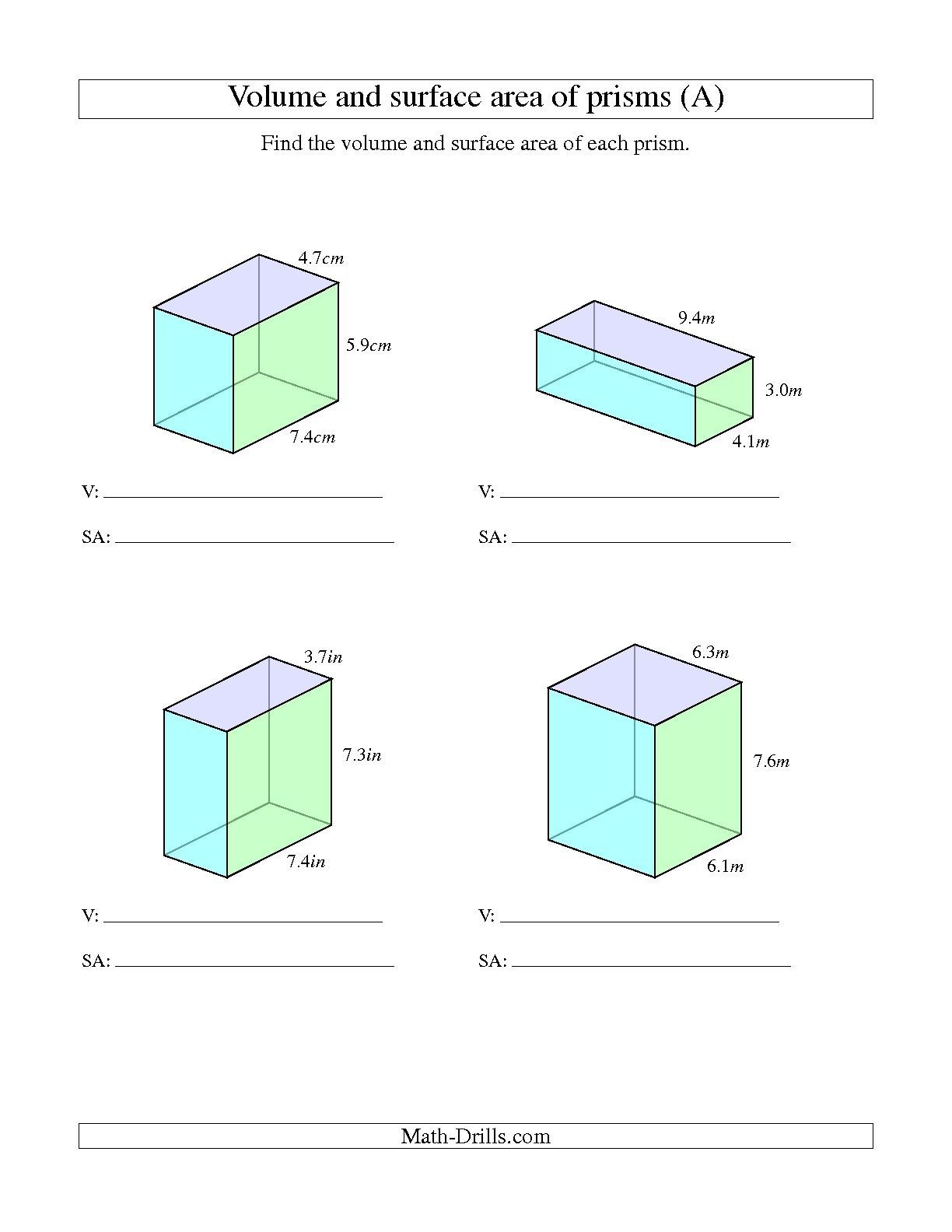 rectangular prism volume and surface area formula