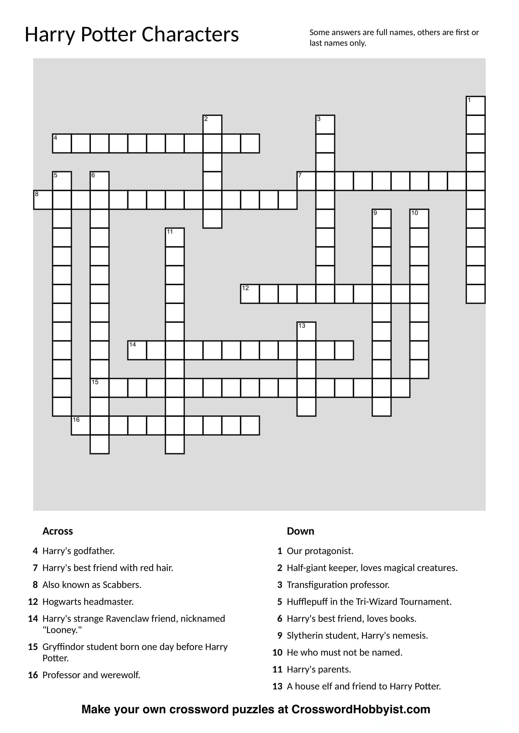 This Harry Potter Characters Crossword Puzzle Was Made At - Make Your Own Crossword Puzzle Free Printable