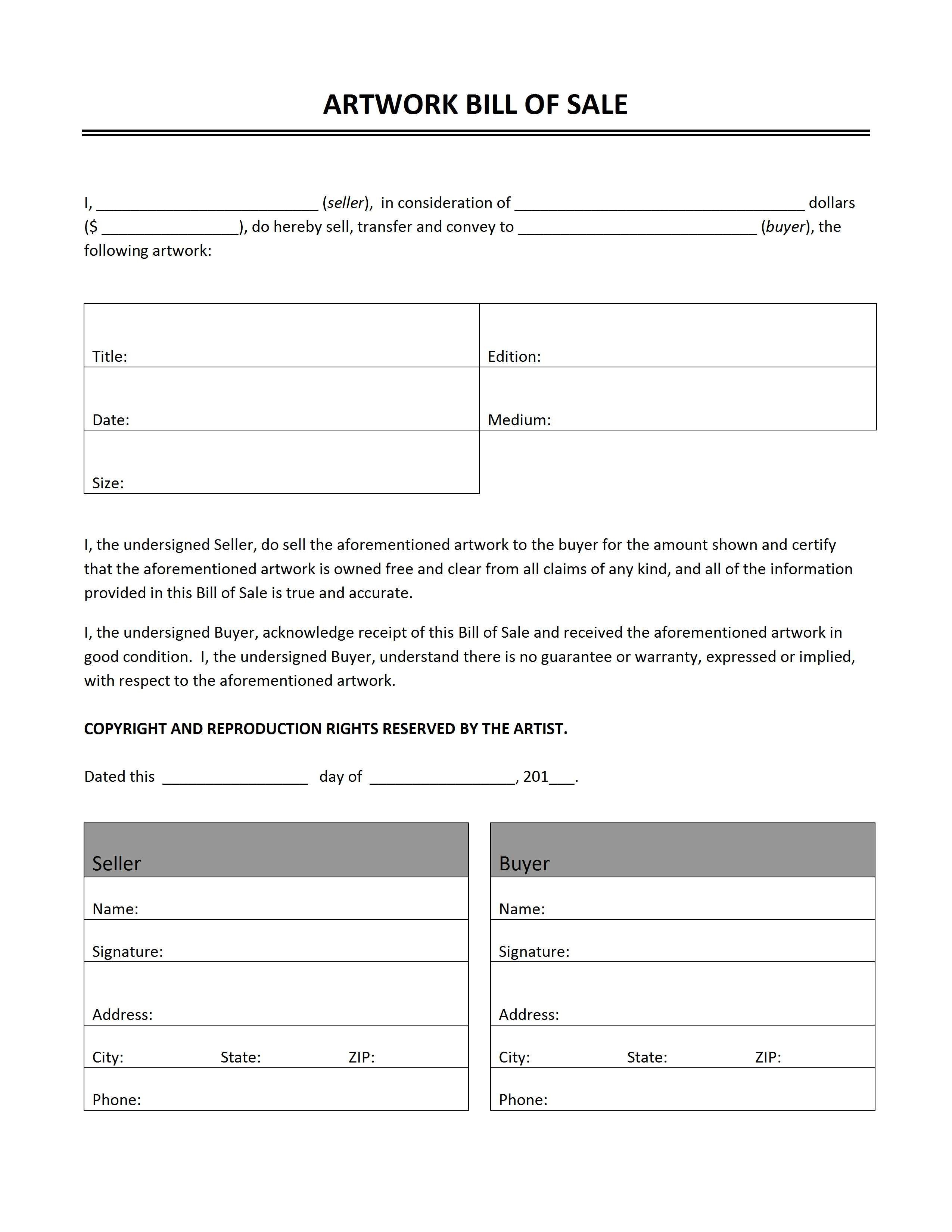 This Is An Artwork Bill Of Sale Template That Can Be Used As A - Free Printable Bill Of Sale Form