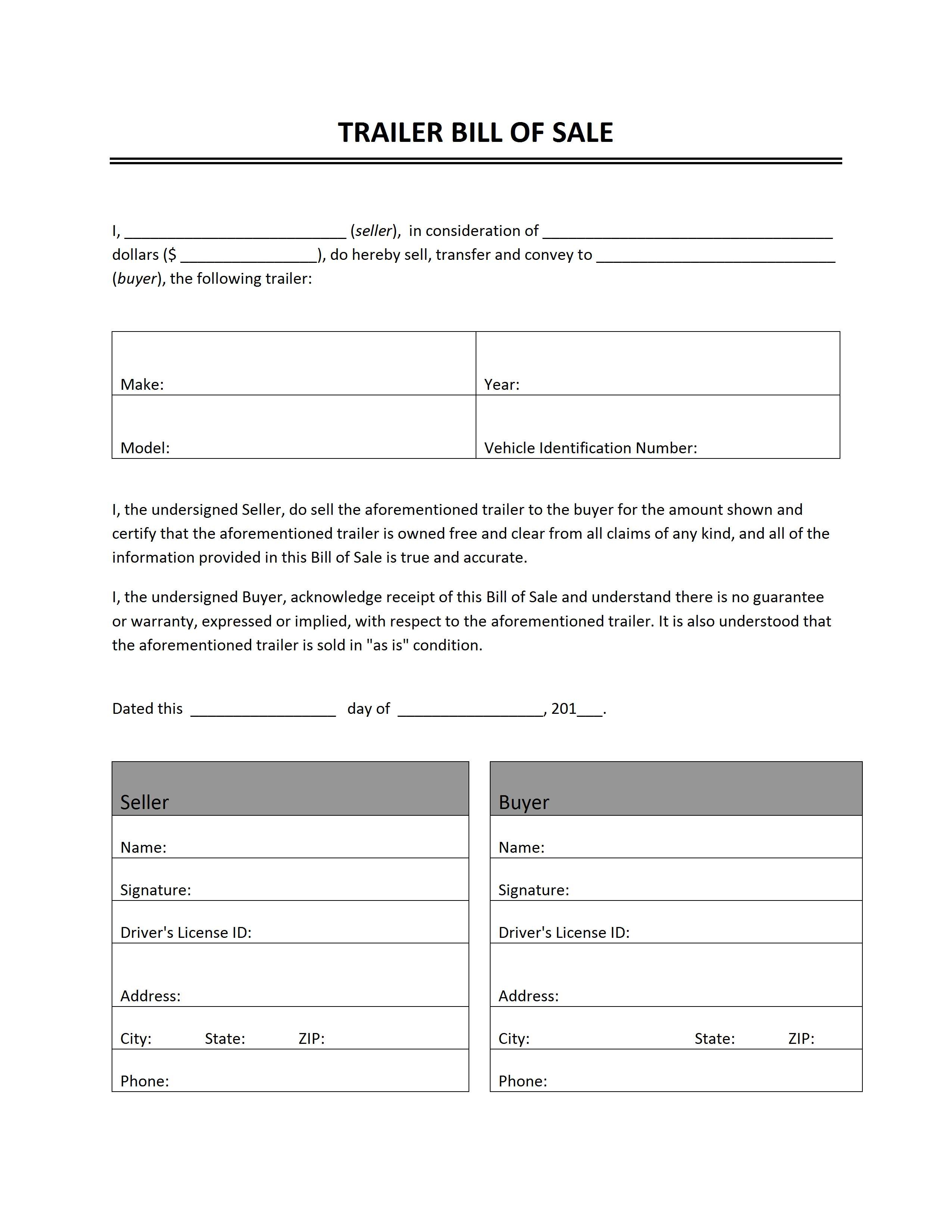 Trailer Bill Of Sale - Free Printable Bill Of Sale For Car
