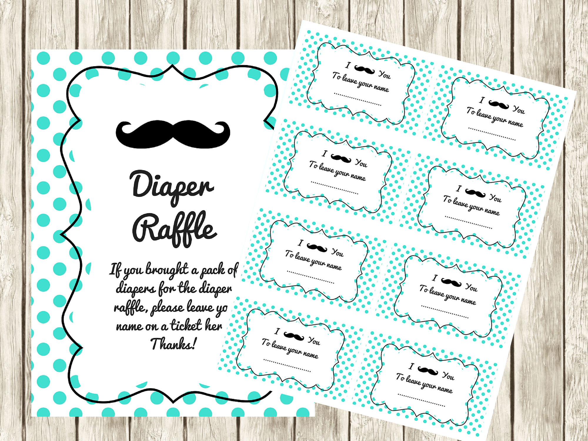 Turquoise Mustache Baby Shower Diaper Raffle Ticket Cards And Sign - Mustache Baby Shower Games Free Printables