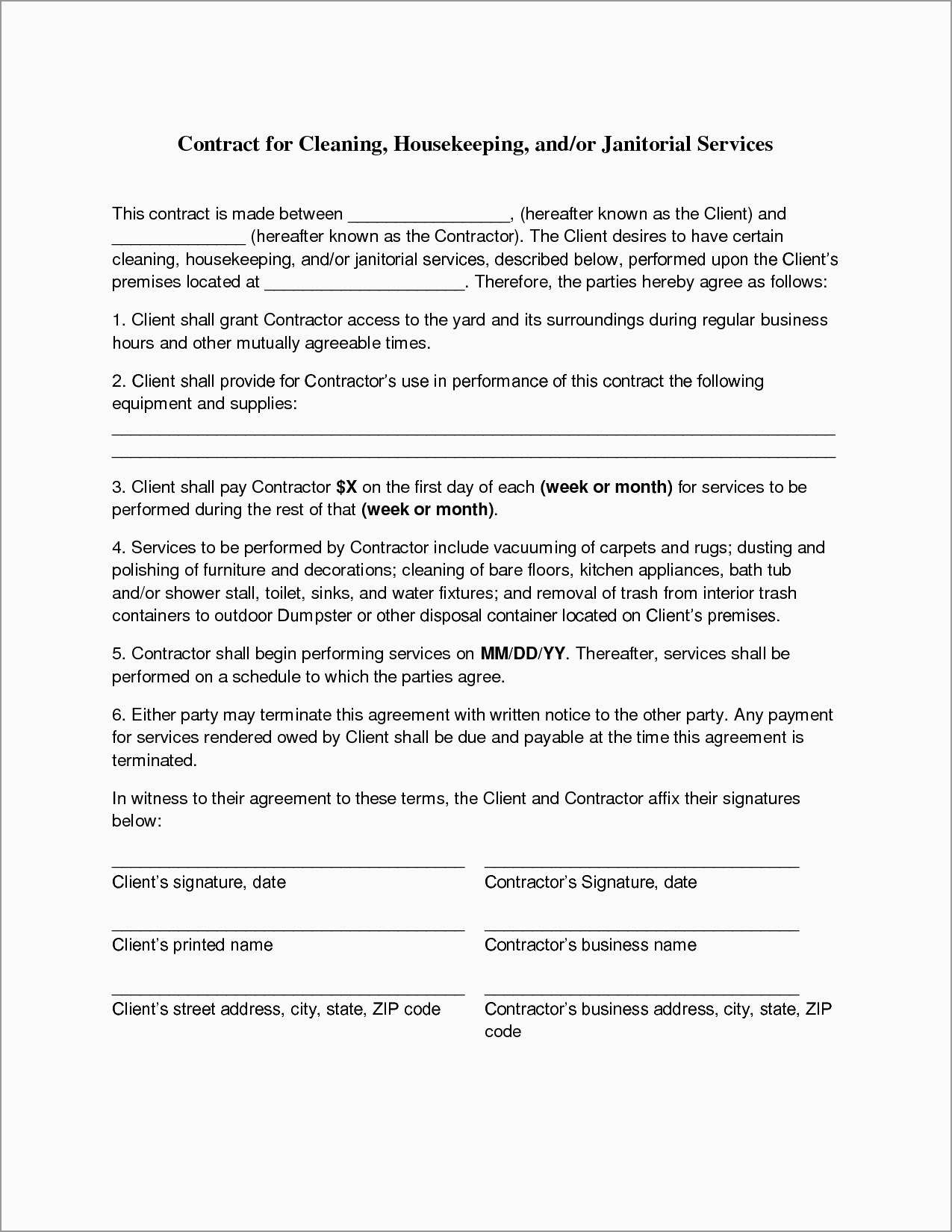 Unique Free Cleaning Service Contract Template | Best Of Template - Free Printable Service Contract Forms