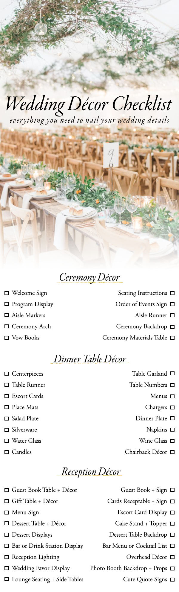 Use This Wedding Décor Checklist To Help You Nail Every Detail - Free Printable Wedding Decorations