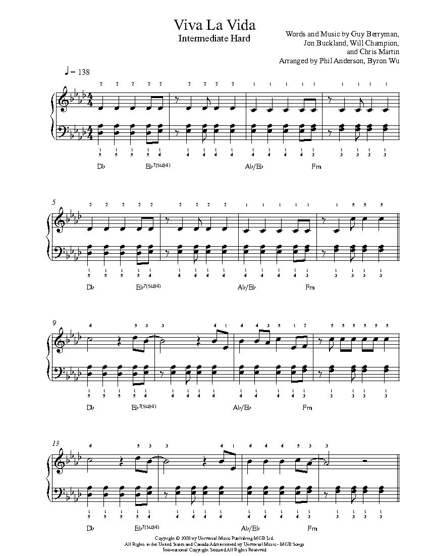 Viva La Vidacoldplay Piano Sheet Music | Intermediate Level - Free Printable Violin Sheet Music For Viva La Vida