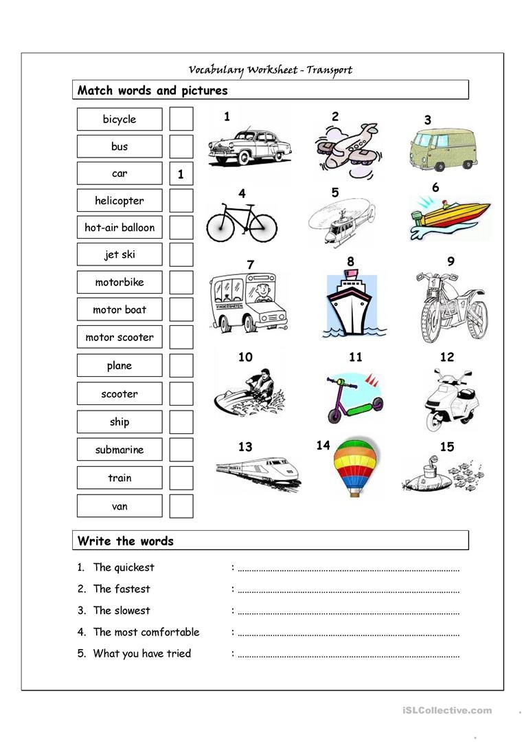 Vocabulary Matching Worksheet - Transport Worksheet - Free Esl - Free Printable Transportation Worksheets For Kids
