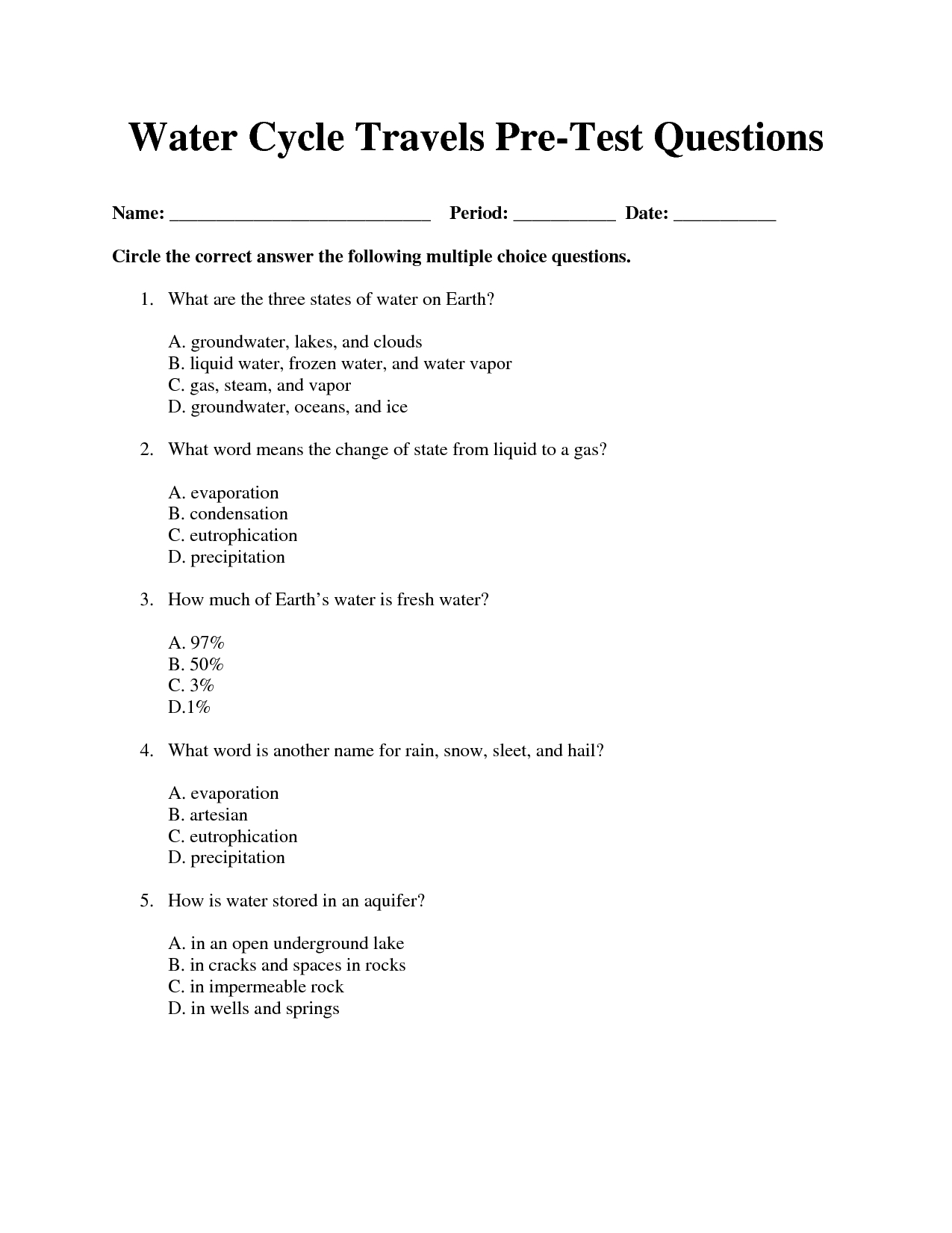 Water Cycle Multiple Choice Pre-Test Questions | Water Cycle - Free Printable Versatiles Worksheets