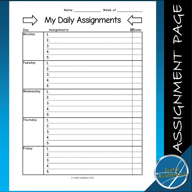 Weekly Assignment Sheet Elementary Teaching Ideas Assignment Free