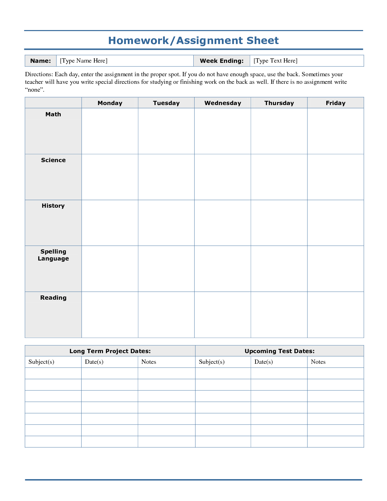Weekly+Homework+Assignment+Sheet+Template | Logs | Homework Sheet - Free Printable Daily Assignment Sheets