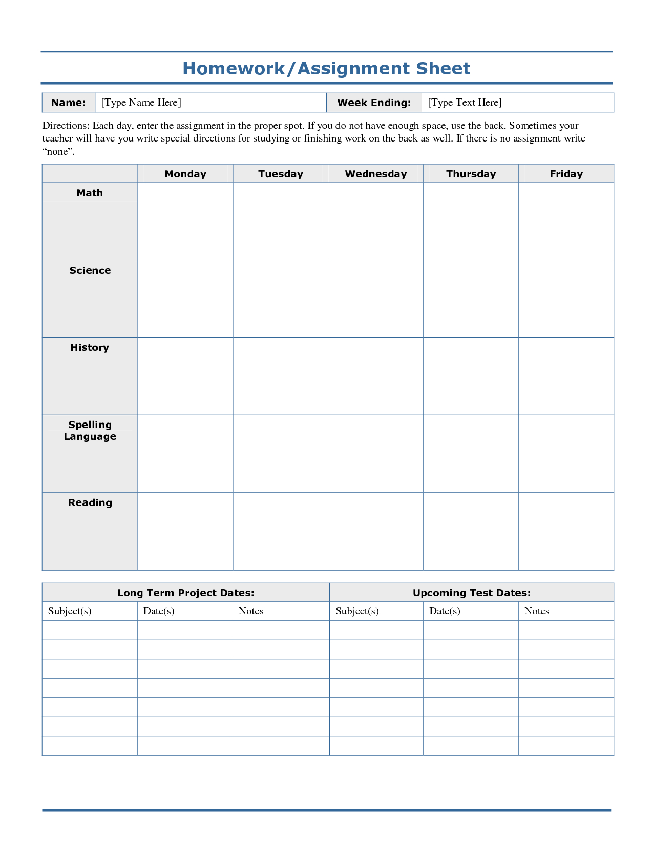 worksheet for assignment