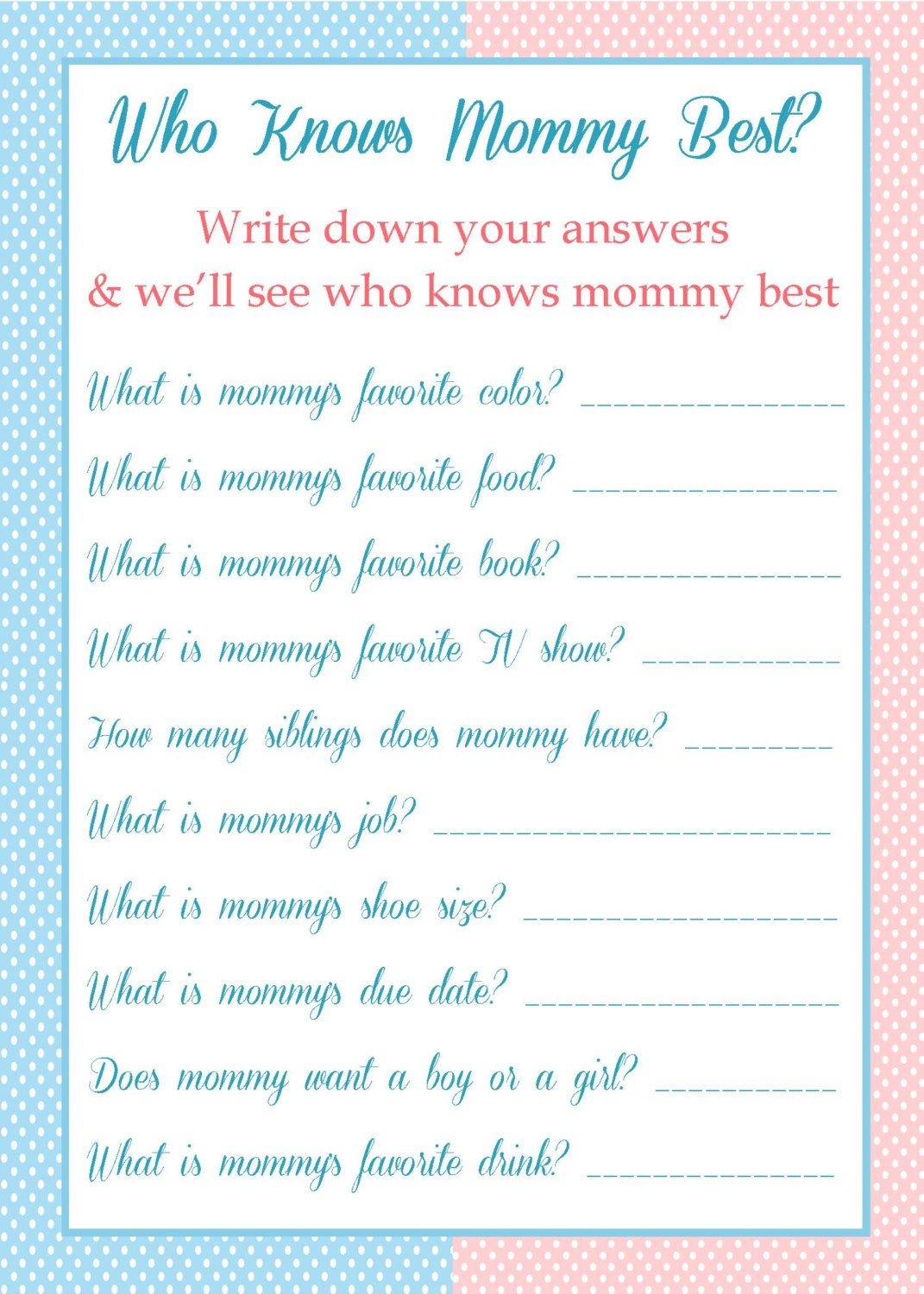 Who Knows Mommy Best - Baby Shower Game - $5.00 - Free Printable Baby Shower Games Who Knows Mommy The Best