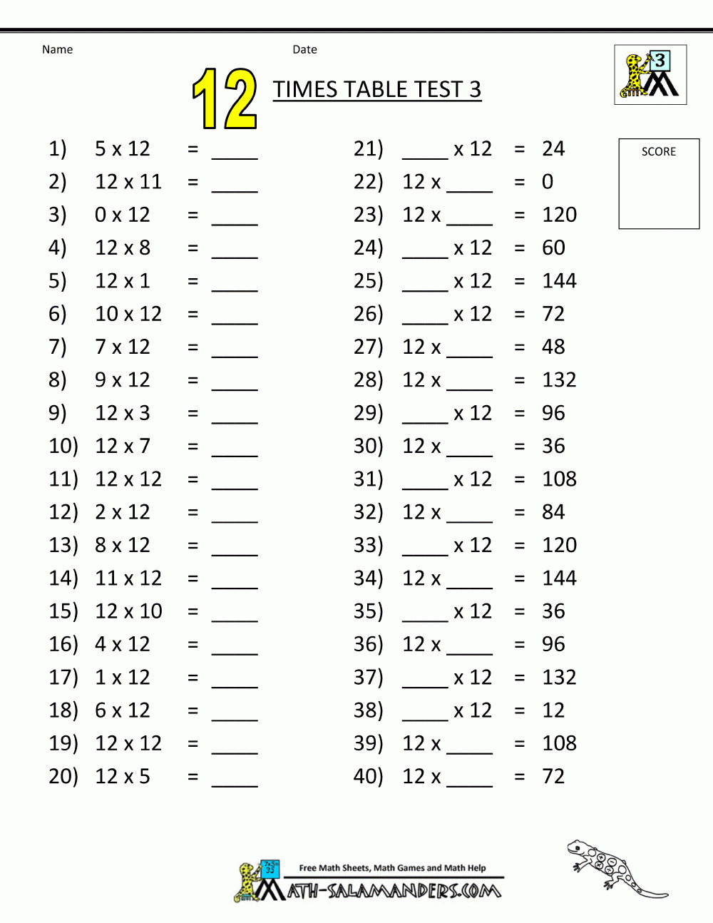 Worksheet Times Tables Test 12 Times Table Test 3 | School For Kids - Multiplication Table Printable Free For Kids