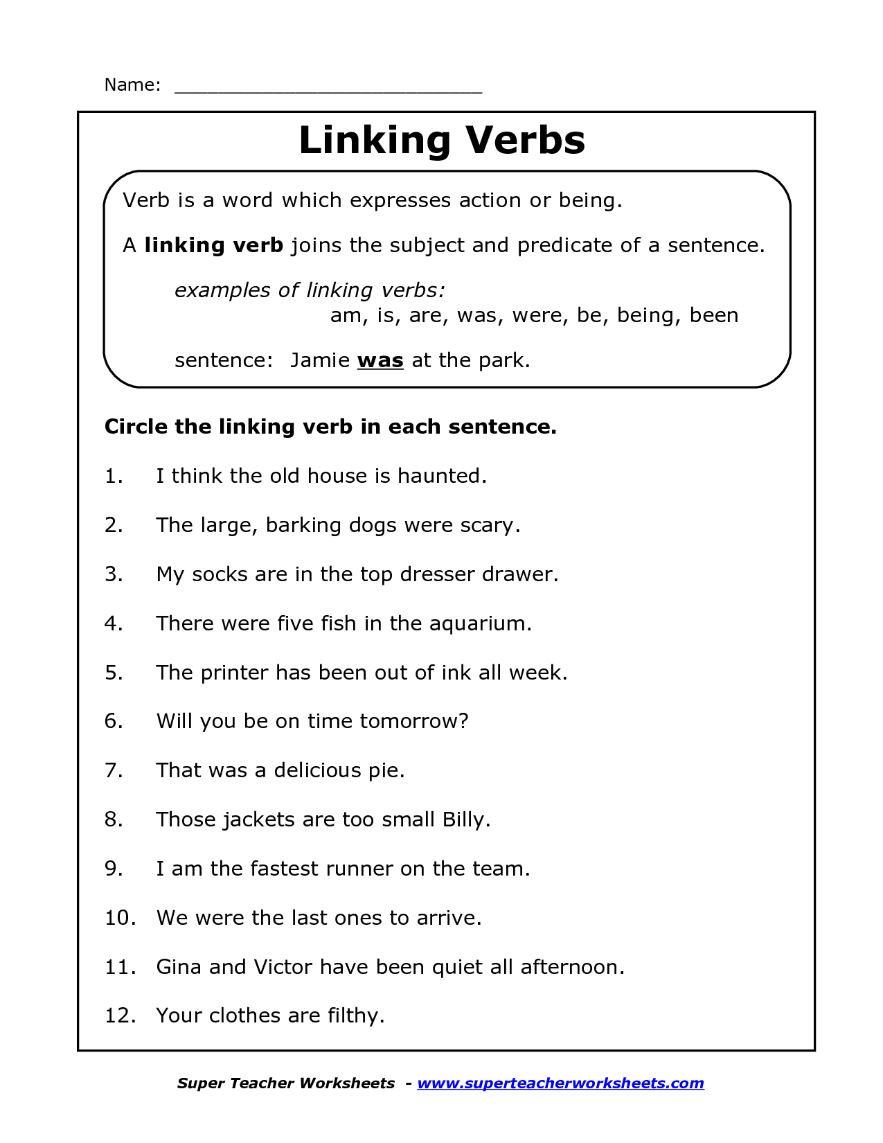 Linking Verb Worksheets