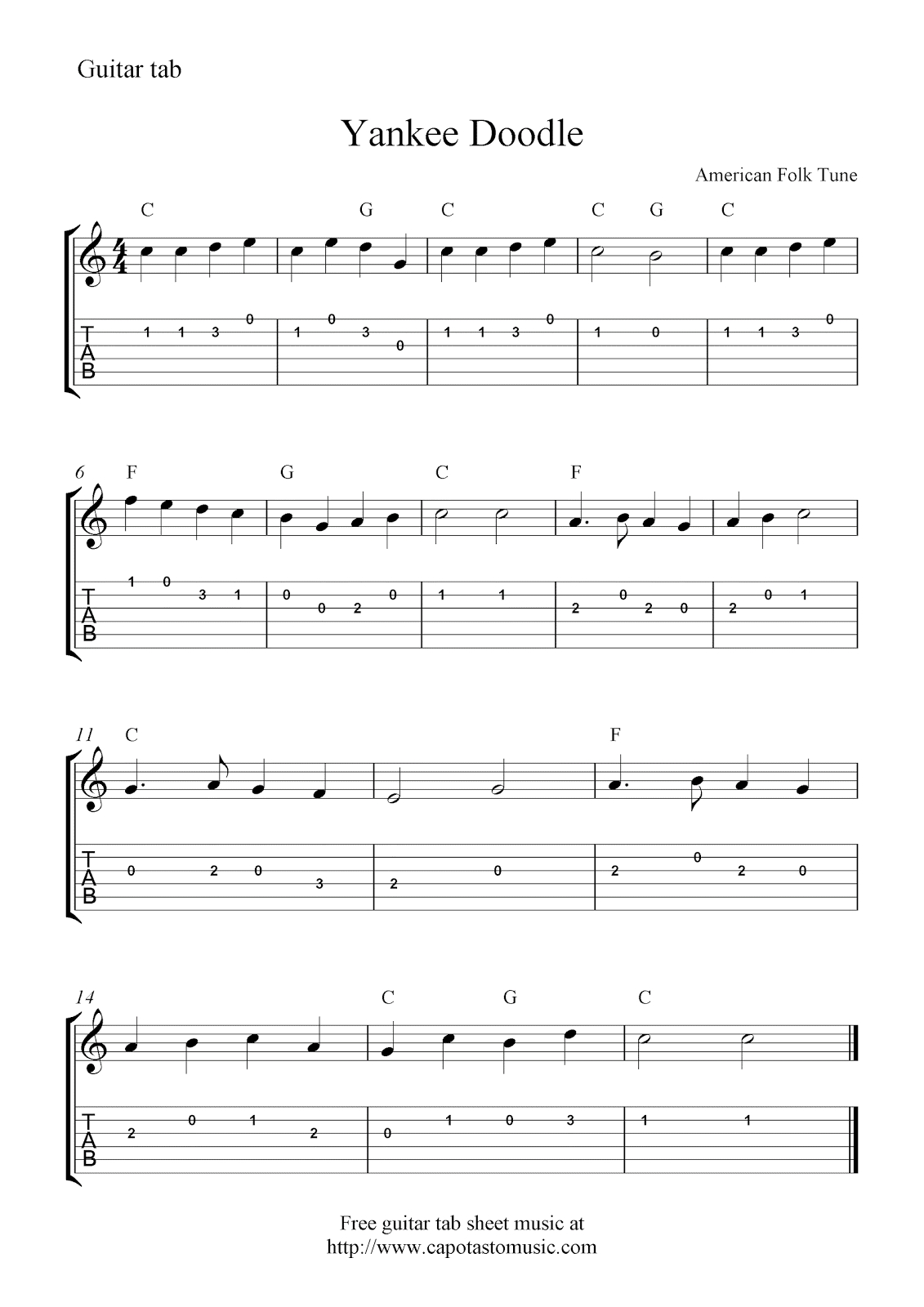 Yankee Doodle,easy Free Guitar Tab Sheet Music Score - Free Printable Guitar Music