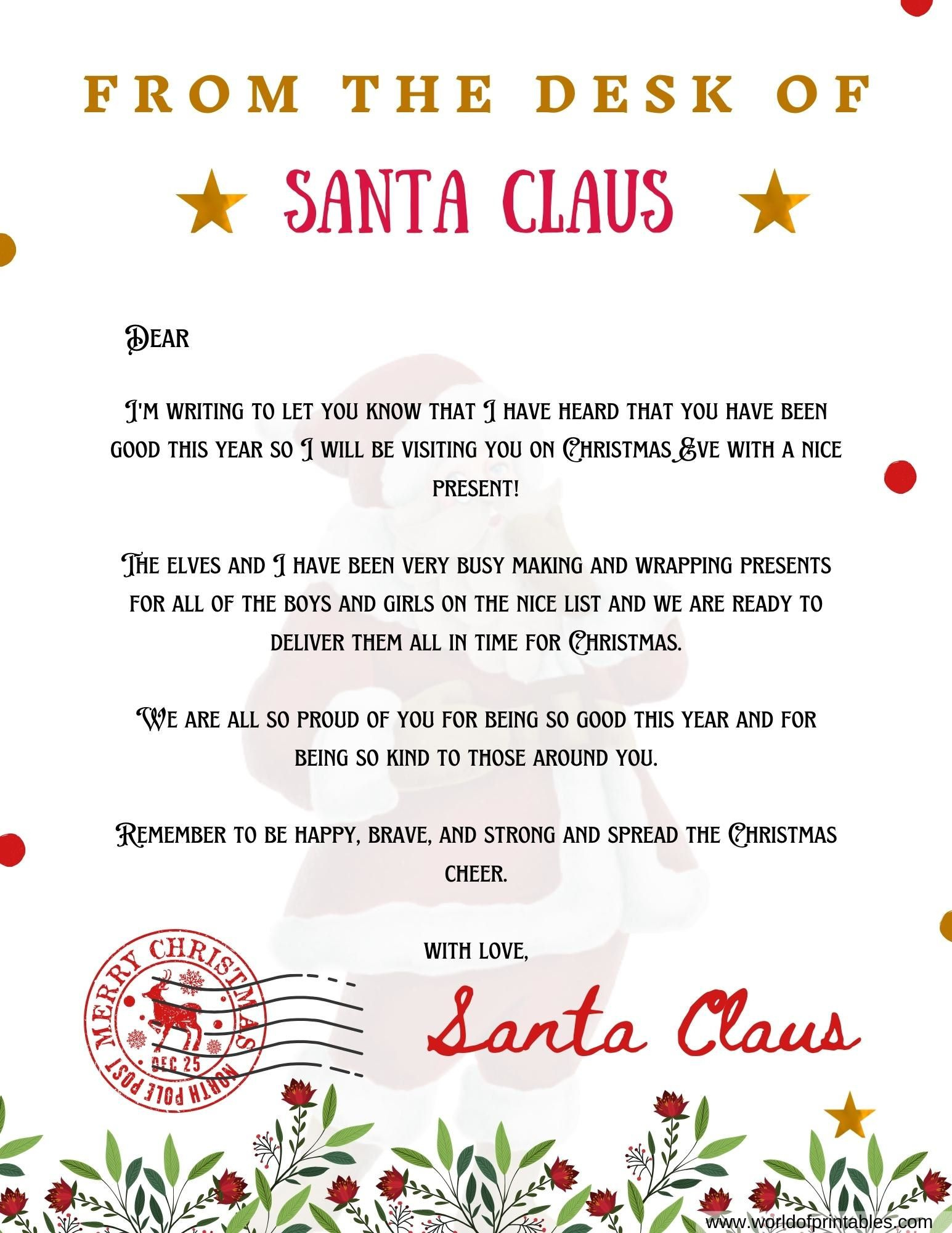 10 Best Free Letter From Santa Templates - World Of Printables with Free Printable Letter From Santa Template