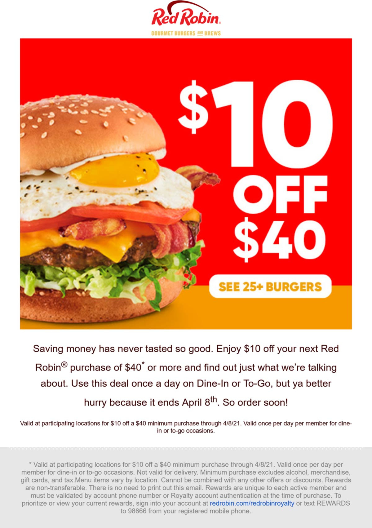 $10 Off $40 At Red Robin Restaurants | Red Robin October 2025 with Free Red Robin Coupons Printable
