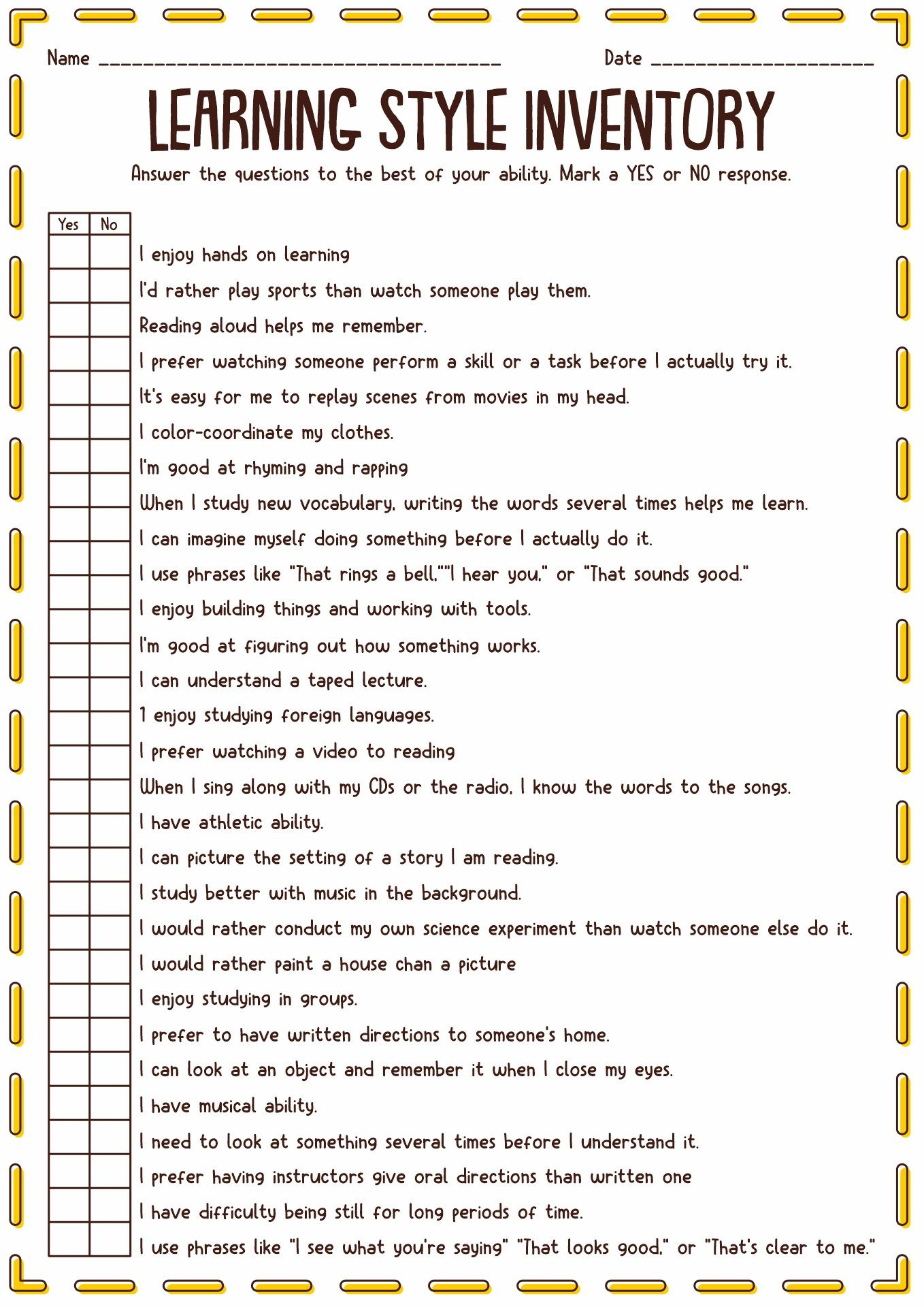13 Learning Styles Inventory Worksheet with Free Learning Style Inventory For Students Printable