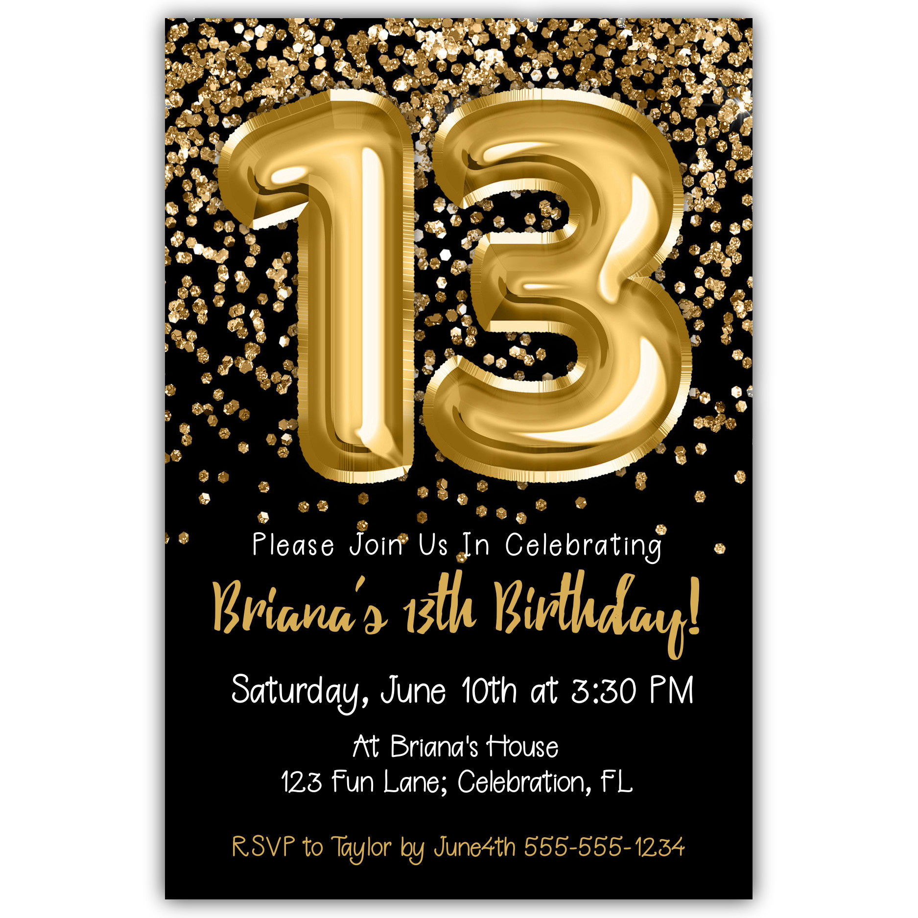 13Th Birthday Invitation Gold Balloons Glitter On Black Birthday pertaining to 13Th Birthday Party Invitations Printable Free