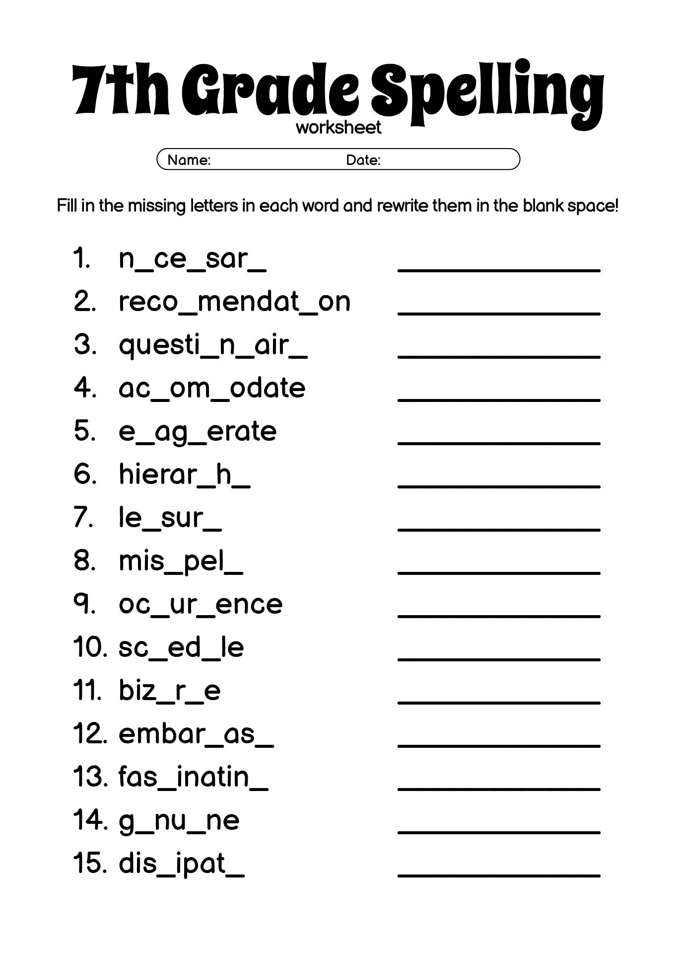 15 7Th Grade Spelling Words Worksheets - Free Pdf At Worksheeto for 7Th Grade Spelling Worksheets Free Printable