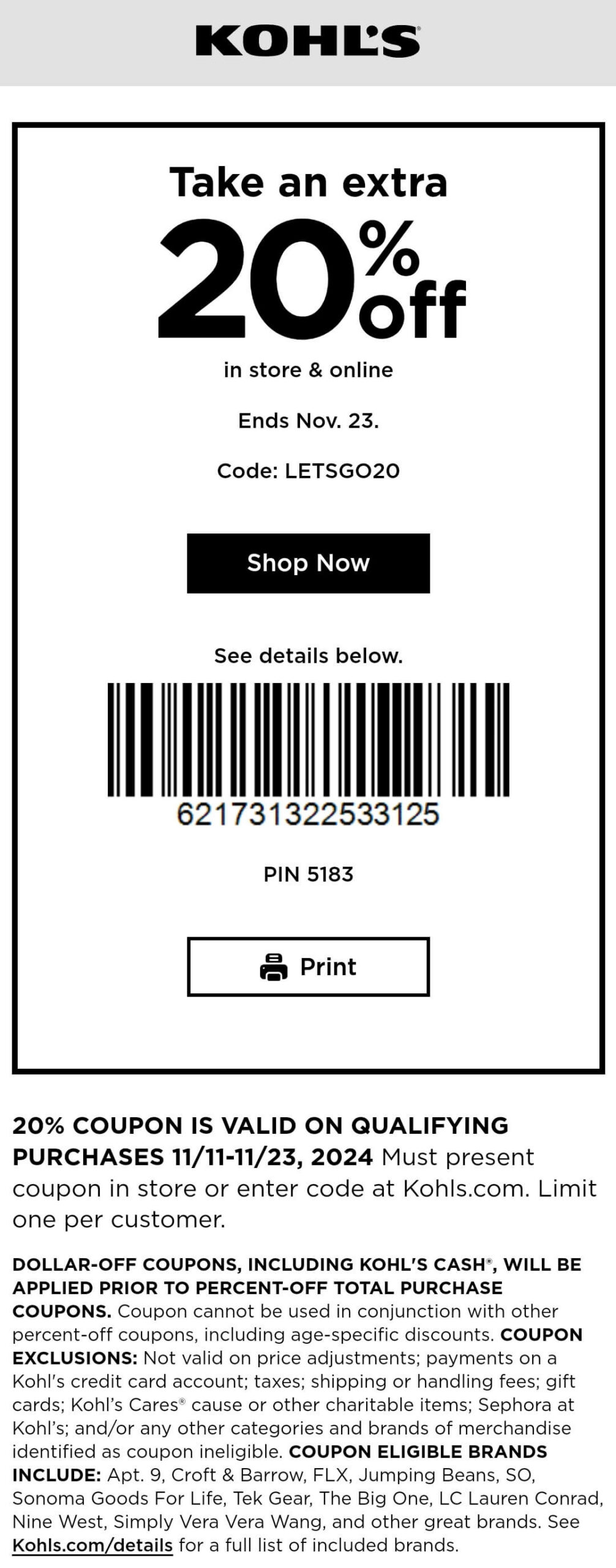 20% Off At Kohls, Or Online Via Promo Code Letsgo20 #Kohls - The with Kohls Printable Coupons Free Shipping