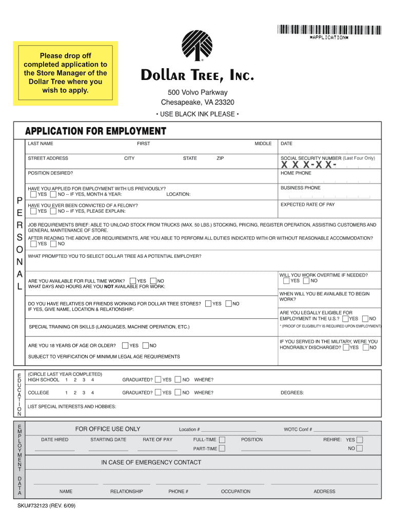 2009 Form Dollar Tree Application For Employment Fill Online for Free Printable Dollar Tree Application Form