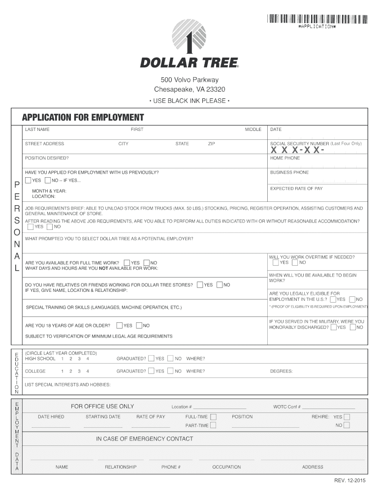 2015-2025 Form Dollar Tree Application For Employment Fill Online throughout Free Printable Dollar Tree Application Form