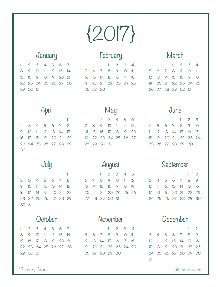2017 Year-At-A-Glance Calendar Printable — Alaina Ann within Free Printable Agenda 2017