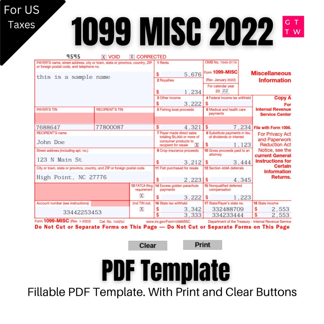 2022 1099-Misc Form Template: Fillable, Printable (Digital inside Free Printable 1099 Misc Forms
