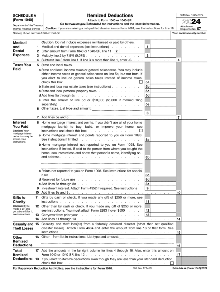 2024 Form Irs 1040 - Schedule A Fill Online, Printable, Fillable for Free Printable Irs Forms