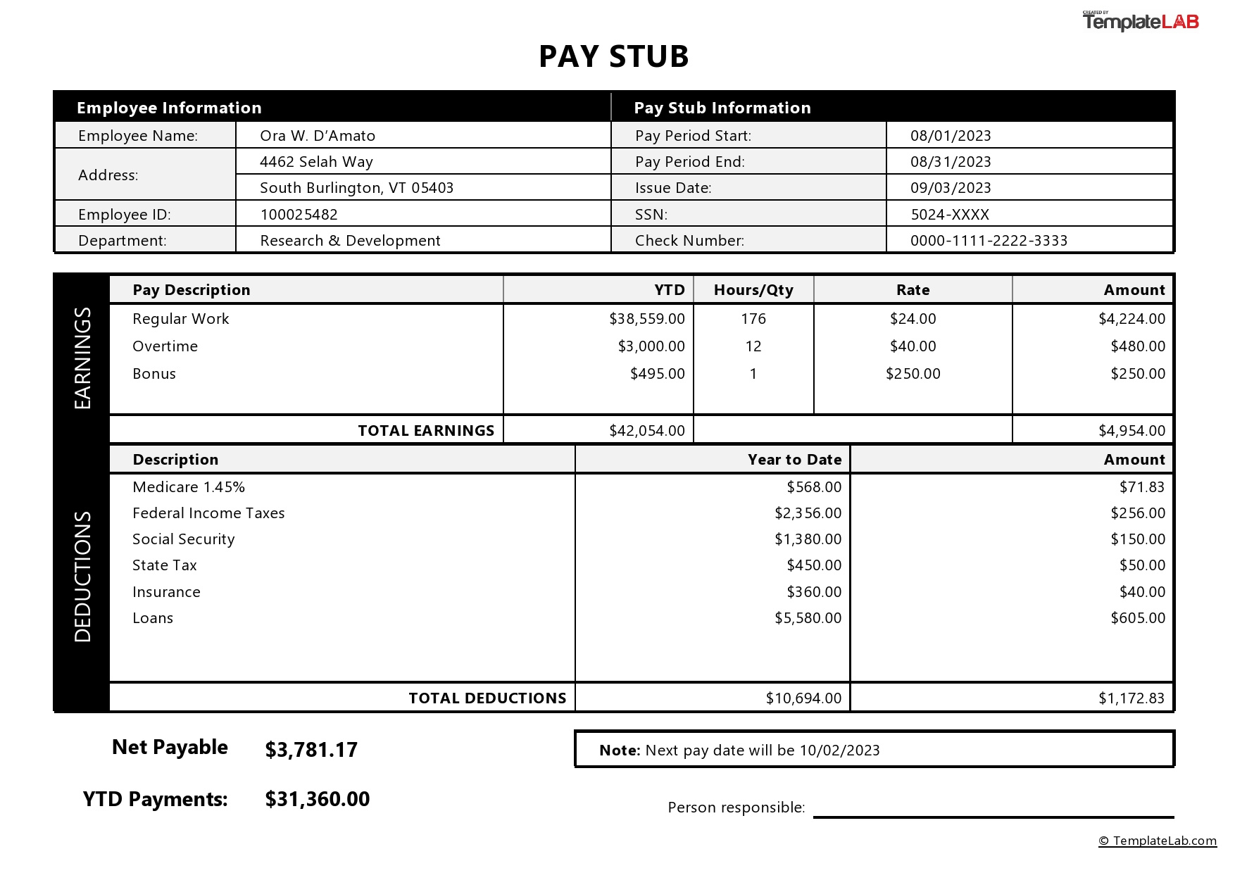 24 Free Pay Stub Templates [Word, Excel, Pdf] - Templatelab throughout Printable Pay Stub Template Free