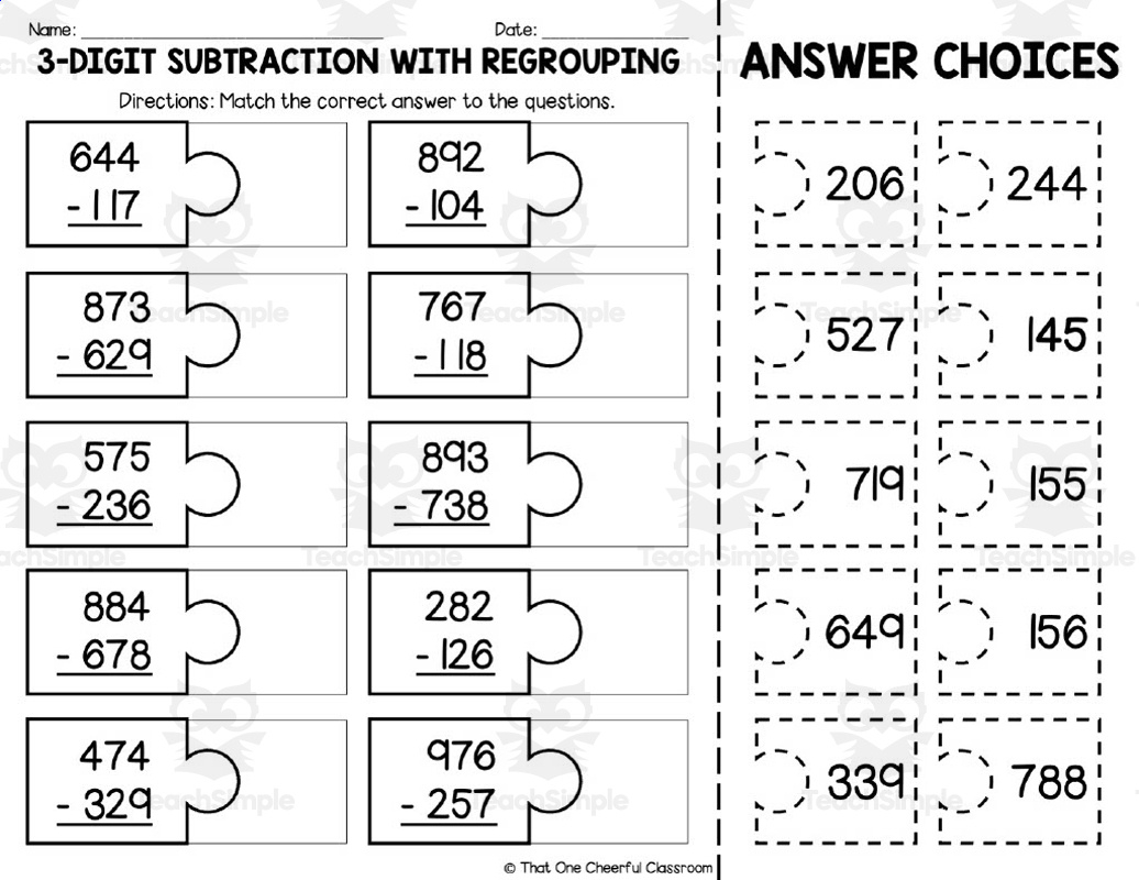 3 Digit Subtraction With Regrouping Matching Worksheet in Free Printable 3 Digit Subtraction With Regrouping Worksheets