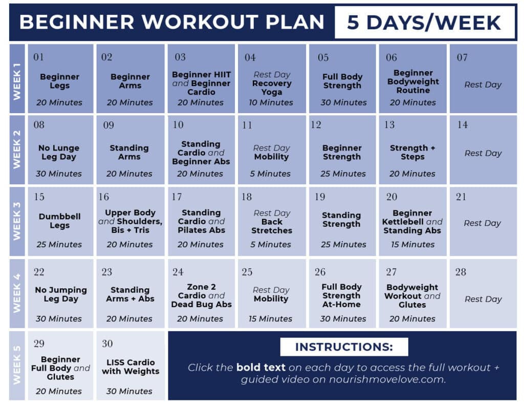 30-Day Beginner Workout Plan (Videos) | Nourish Move Love regarding Free Printable Gym Workout Plans