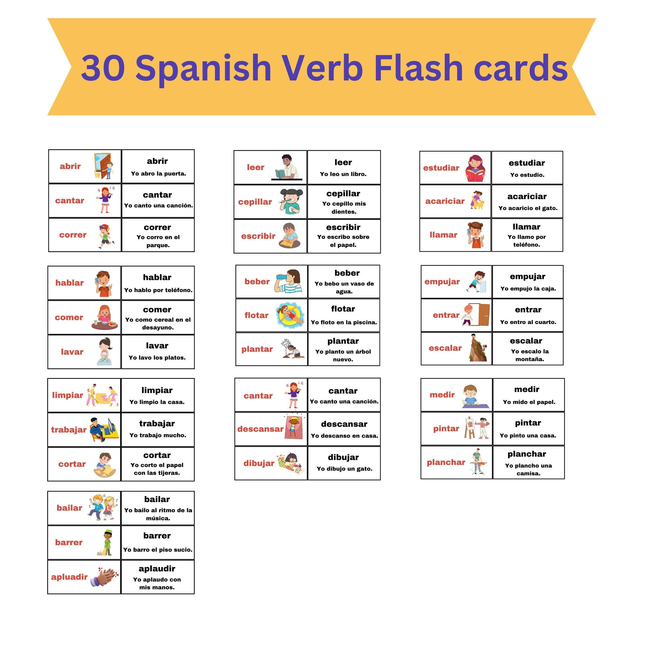30 Flash Cards Spanish Verb For Classroom Decor Flash Cards with Free Printable Spanish Verb Flashcards