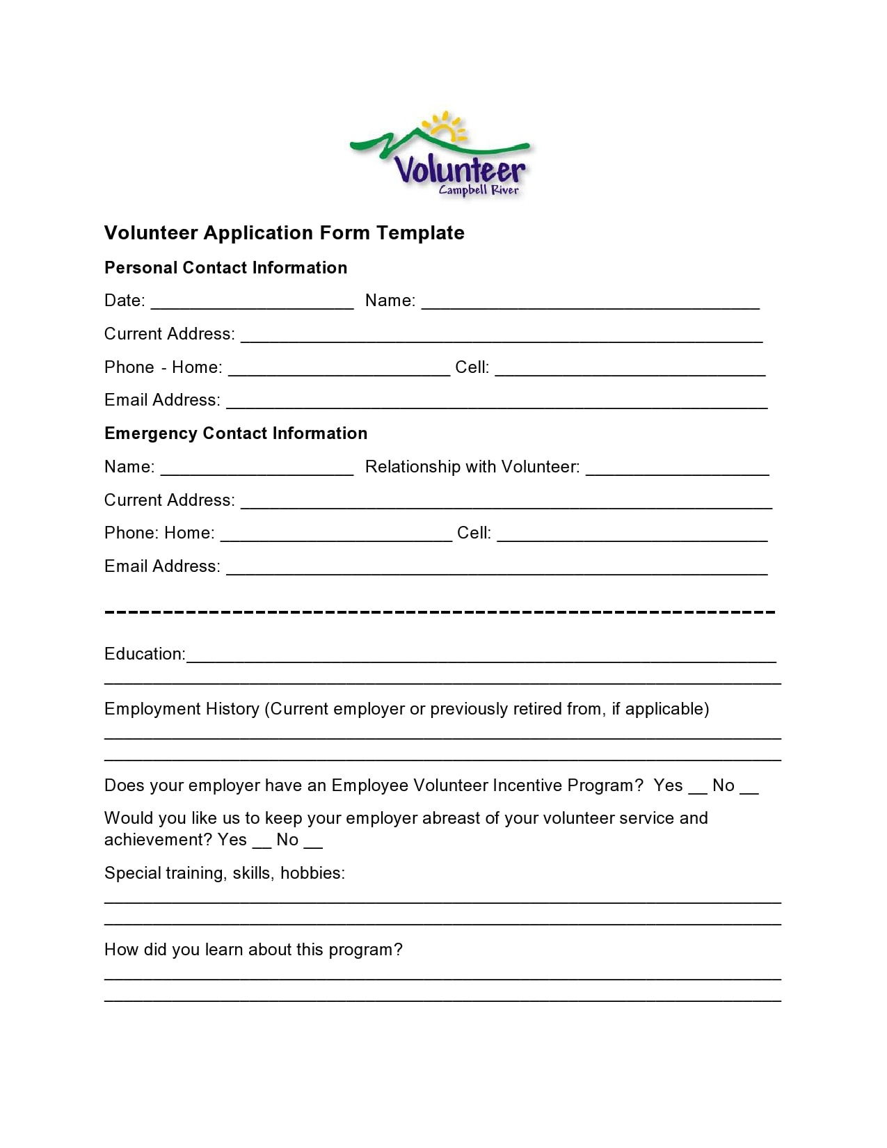 30 Printable Volunteer Application Templates (Free) - Templatearchive regarding Free Printable Volunteer Forms