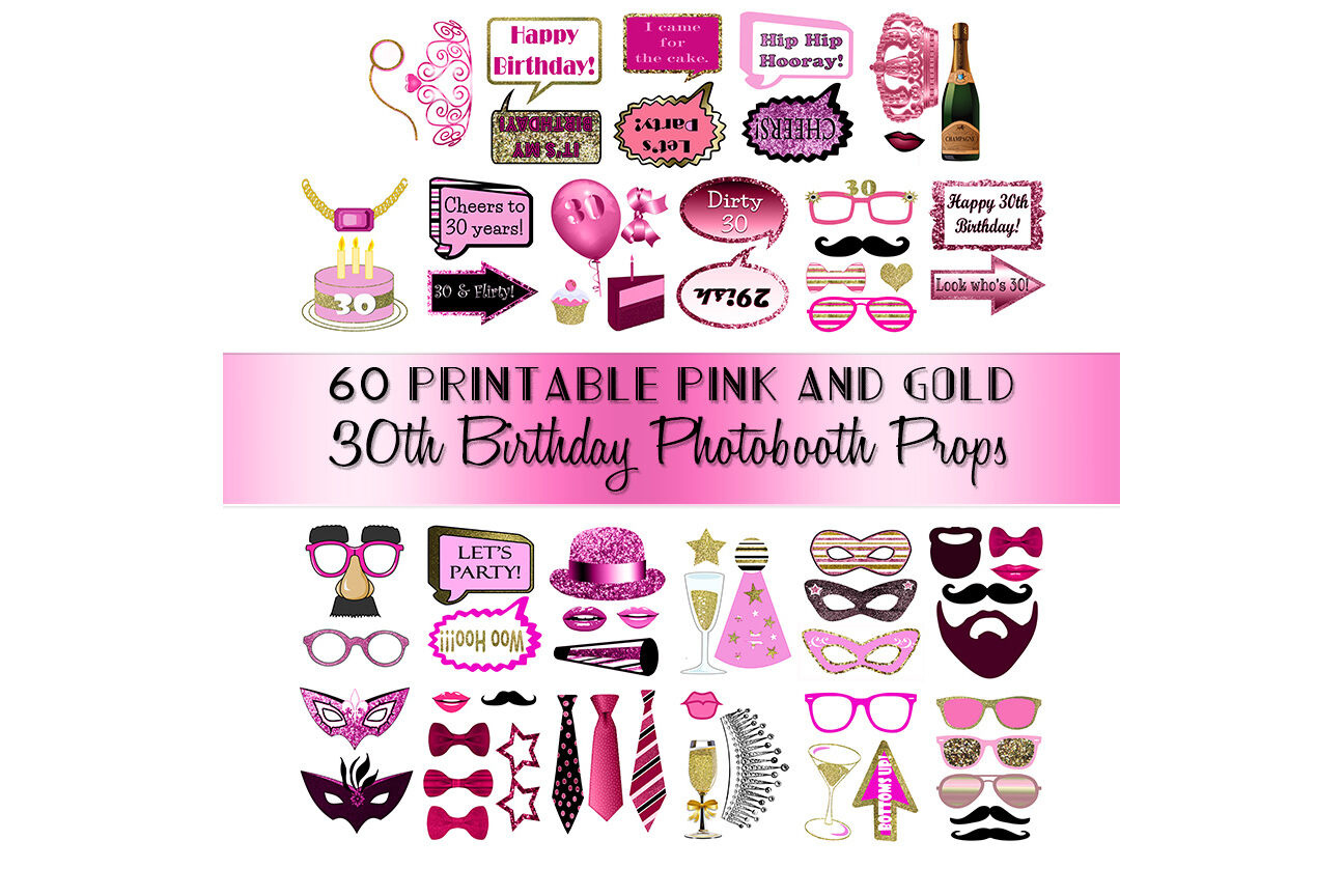 30Th Birthday Photo Booth Props Pink And Gold Over 70 Adult Classy in Free Printable 30Th Birthday Photo Booth Props
