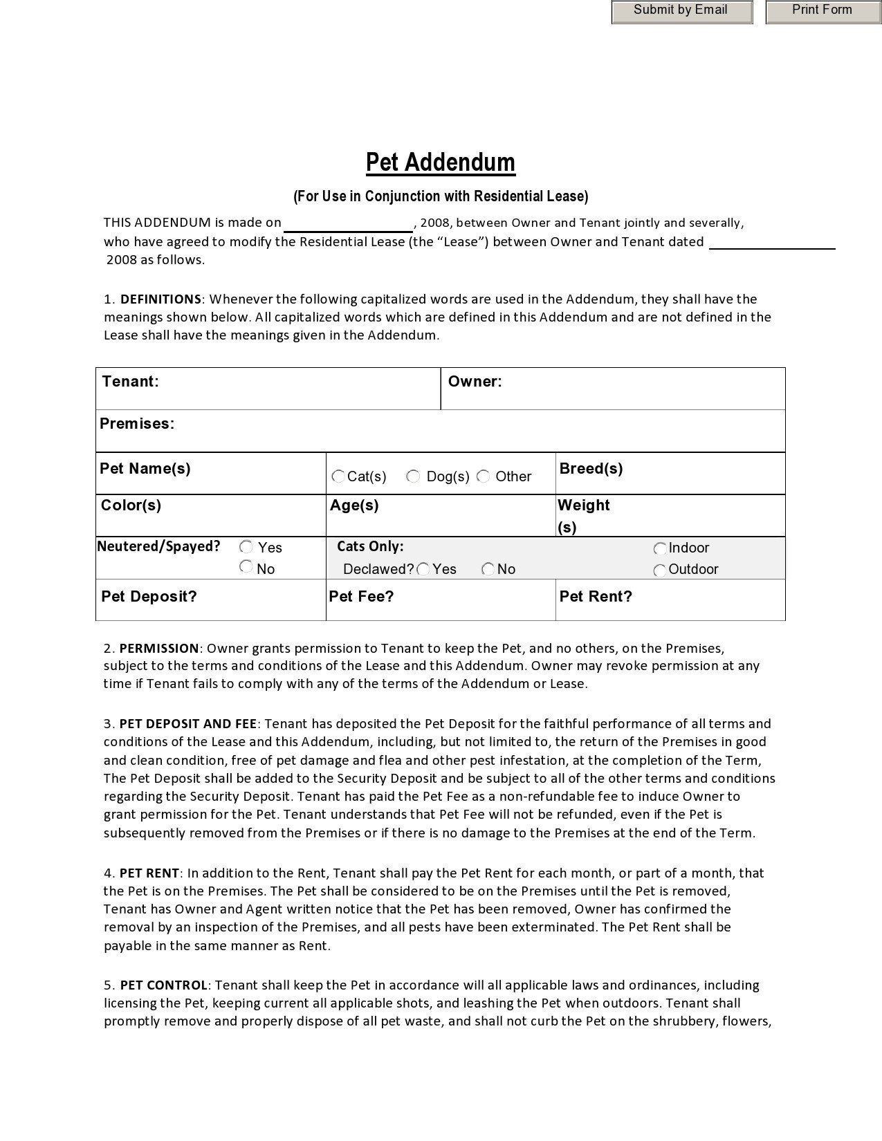 39 Free Pet Addendum Forms To Rental Agreement [Doc, Pdf] pertaining to Free Printable Pet Addendum