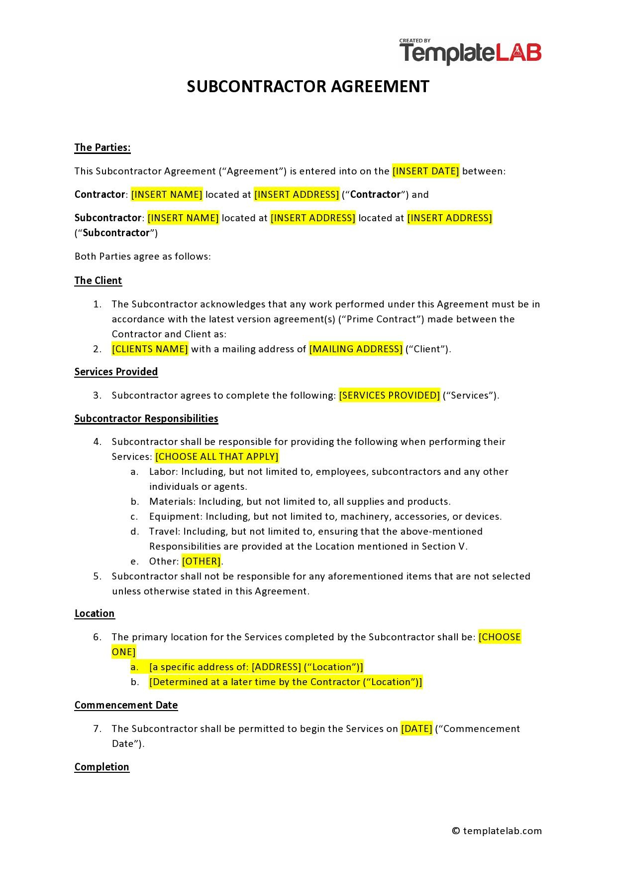 39 Free Subcontractor Agreement Templates & Samples with Free Printable Subcontractor Agreement