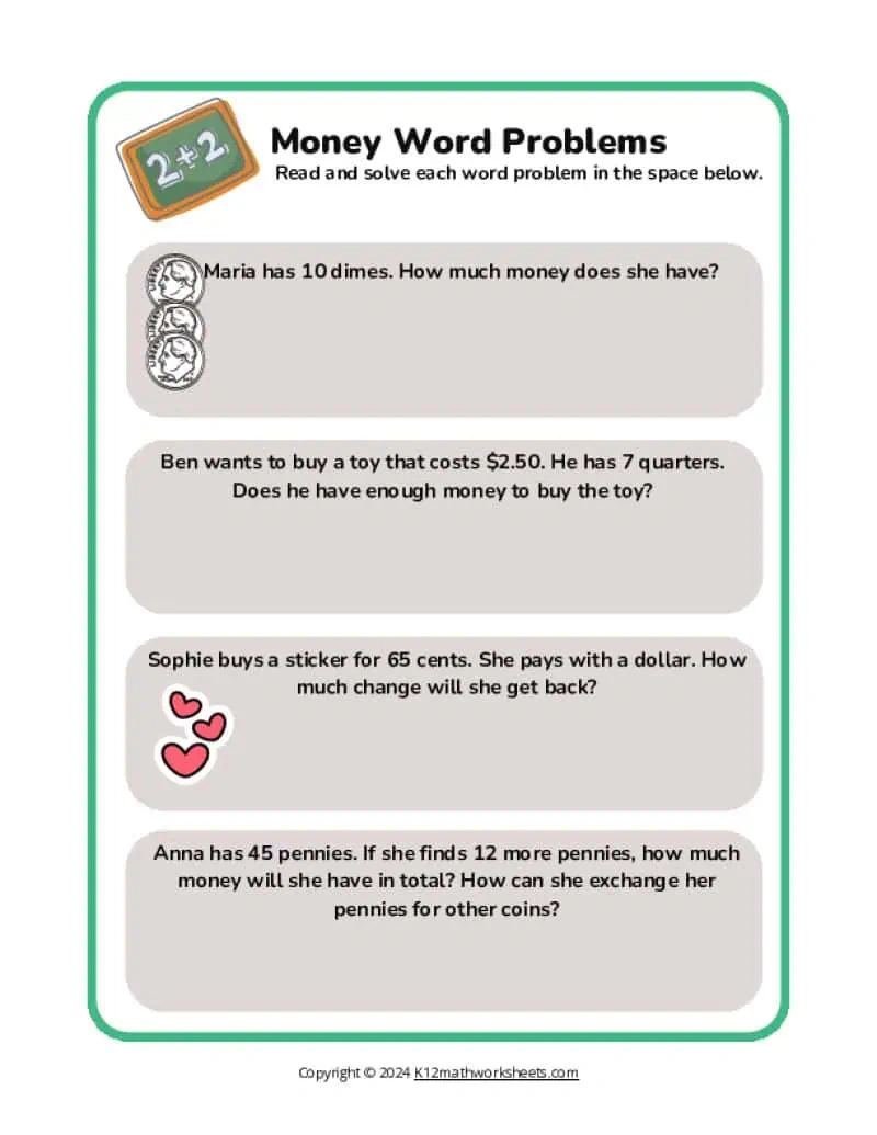 3Rd Grade Money Worksheets within Free Printable Money Word Problems Worksheets